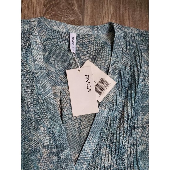 Nwt Rvca Sheer Snake Print Bluse W/ Flared Sleeves In Aqua Blue&Green Size Large - Picture 9 of 9